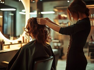 Hair Salon Serenity: In a stylish salon, a hairdresser delicately styles a client's hair, creating a moment of beauty and relaxation.