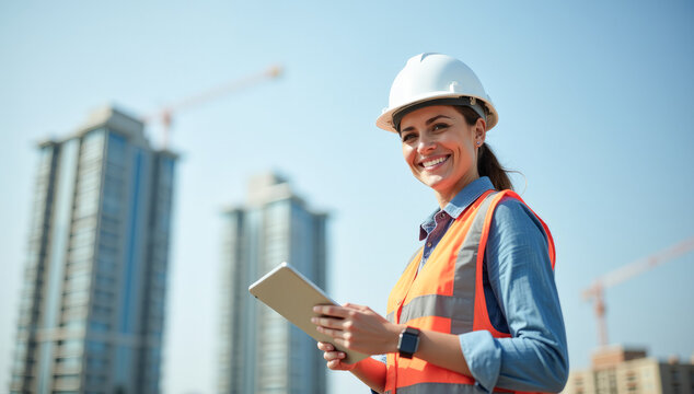 a female foreman in a white helmet with a tablet in her hands at a construction site