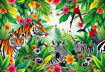 Obraz premium Vibrant tropical jungle seamless pattern featuring tigers, zebras, monkeys, lemurs, parrots, and lush foliage, wallpaper, white background