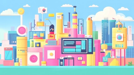 Futuristic city skyline with colorful buildings, technology, and infrastructure.