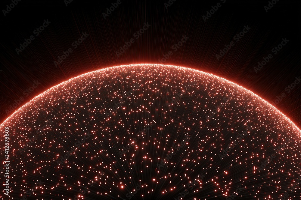 Poster bright particles illuminating a dark space with a glowing celestial orb representing a star's surfac