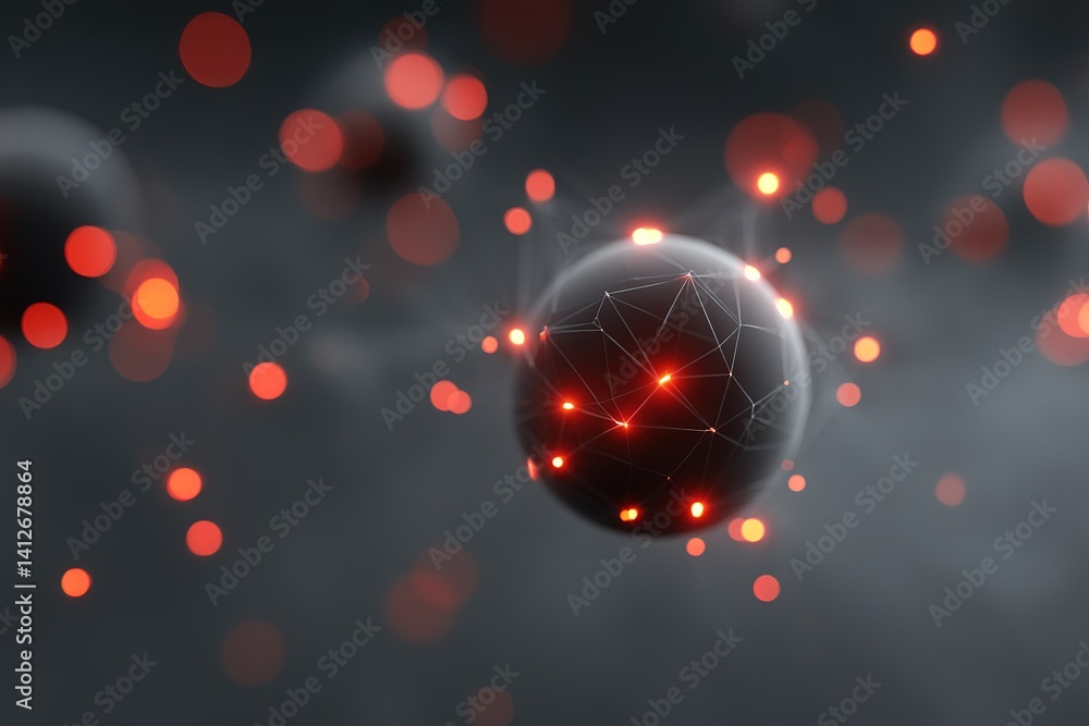 Poster abstract visualization of glowing particles and spheres set against a dark background