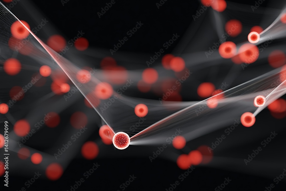 Poster red particles connected by strands illustrate molecular interactions in a dark background environmen