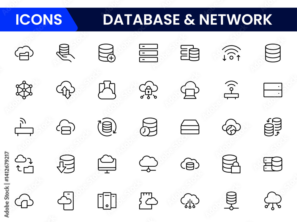 Poster data network icon set. data cloud analysis technology symbol. containing database, statistics, and a