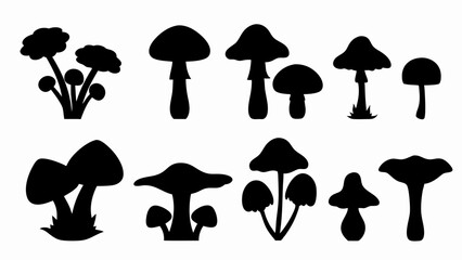 set of forest mushrooms silhouette vector on white background
