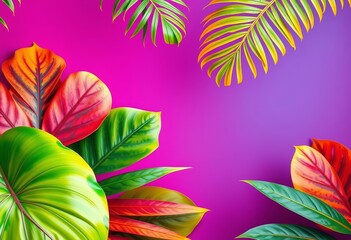 Naklejka premium Vibrant tropical leaves on colorful backgrounds announce summer sales, colorful backgrounds, discount