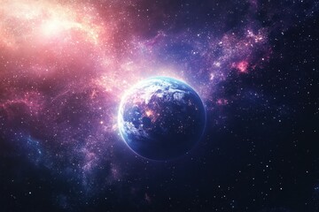 Obraz premium Beautiful view of Earth surrounded by a vibrant cosmic landscape with stars and nebulas