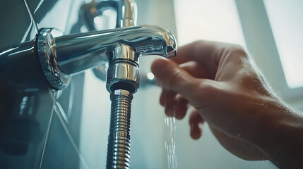 Plumber fixing a showerhead in a modern bathroom. Highlighting plumbing fixtures and bathroom upgrades