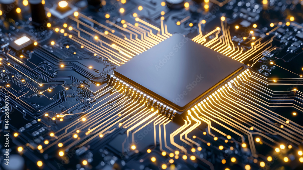 Poster glowing microchip on circuit board with intricate gold pathways, symbolizing advanced technology and