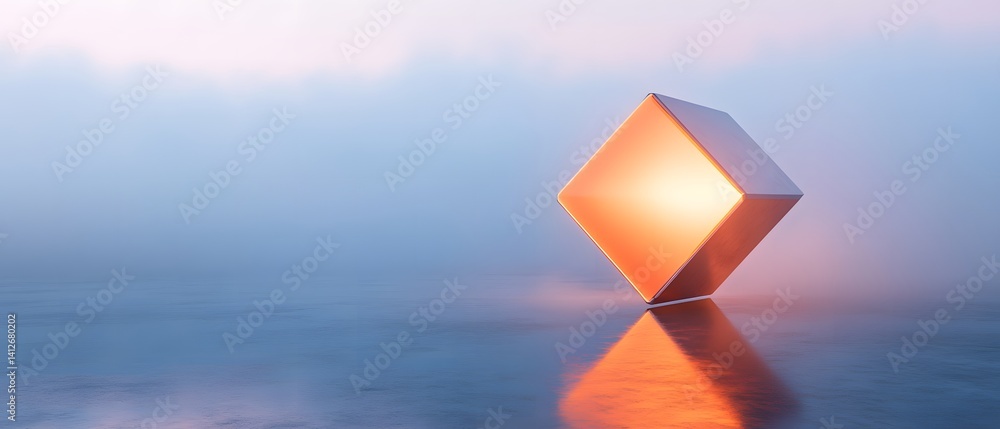 Poster a glowing cube on a reflective surface with a misty background