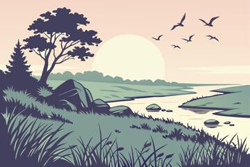 12 Serene sunset landscape, coastal grassland, large sun on horizon, silhouette of birds flying, rocks and grass in foreground, calm water in foreground, pastel sky colors, peaceful atmosphere, digita