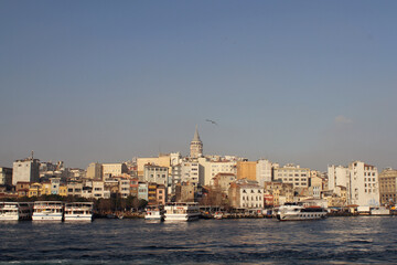 Buildings on the Bosphorus Strait near the Sea of Marmara in Istanbul, Turkey. 