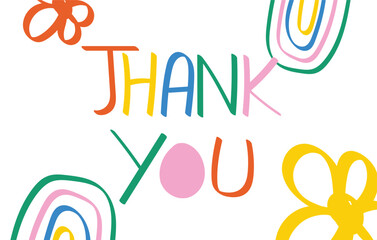 A vibrant thank you message features bold lettering in red and green against a colorful backdrop. Playful shapes and paw prints enhance the overall cheerful feel of the design.
