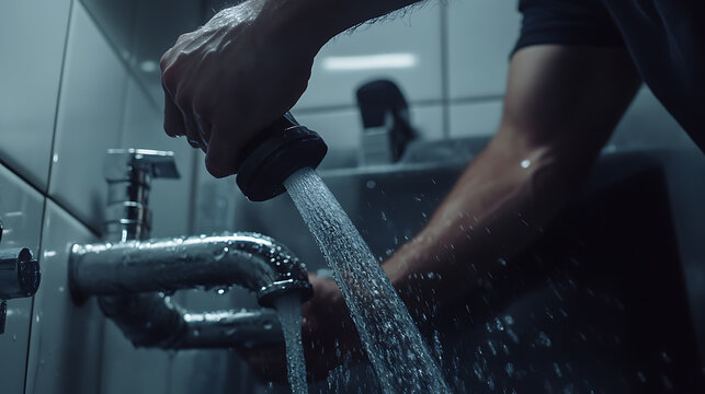 Plumber fixing a water leak in a bathroom pipe. Repair and maintenance