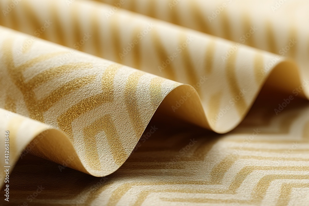 Poster elegant golden patterned fabric draping softly on a surface in a well-lit studio setting