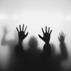 Human Silhouettes Against Foggy Glass with Hands Raised in Sorrow