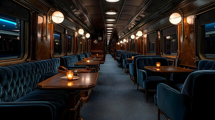 Luxurious Train Car Interior With Dark Blue Seating And Wooden Tables