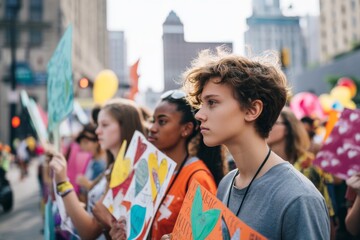 Youthful demonstrators march with signs, advocating for their cause in a city setting, showing solidarity.
