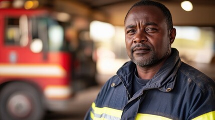 Fototapeta premium A portrait of a middle-aged African male firefighter stands confidently in his uniform, showcasing dedication to community safety and emergency services.