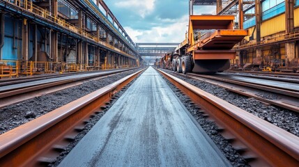Naklejka premium A massive facility for extracting lead ore, equipped with conveyor belts, is situated within a rugged rocky landscape beneath a vast expanse of sky