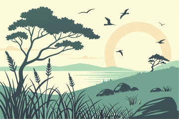 12 Serene sunset landscape, coastal grassland, large sun on horizon, silhouette of birds flying, rocks and grass in foreground, calm water in foreground, pastel sky colors, peaceful atmosphere, digita