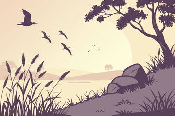 12 Serene sunset landscape, coastal grassland, large sun on horizon, silhouette of birds flying, rocks and grass in foreground, calm water in foreground, pastel sky colors, peaceful atmosphere, digita