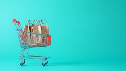 Colorful Shopping Bags and Cart on Minimalist Blue Background for Online Retail and E-commerce