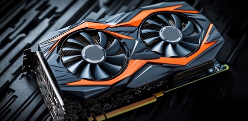 Obraz premium A photorealistic graphics card, complete with three fans, is positioned within an industrial plant and illuminated by a warm yellow glow