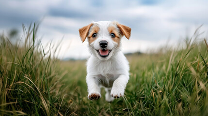 front view of funny running puppy in summer meadow