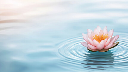 serene pink lotus flower floats on calm water, creating gentle ripples in soft gradient background