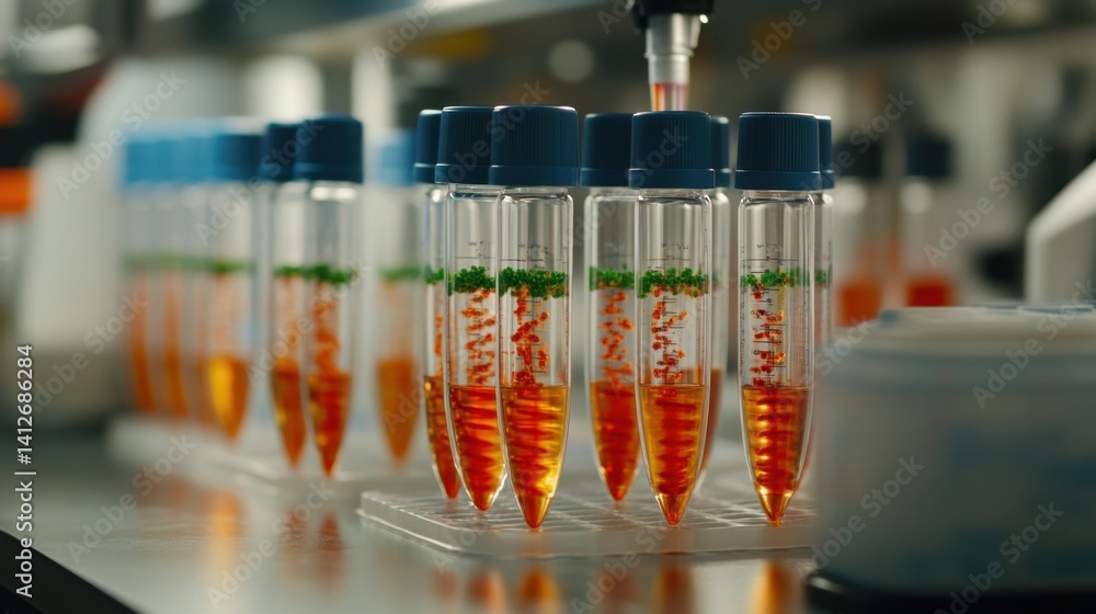 Aufkleber test tubes and flasks filled with genetically engineered biological samples on lab counter