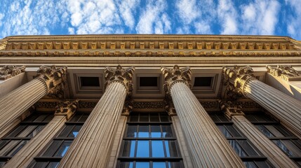 Obraz premium Historic financial building's grand columns stand among city skyscrapers