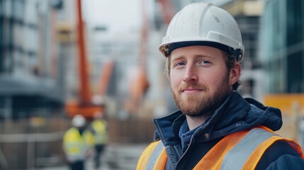 This portrait features a young European male construction worker, wearing a helmet and safety vest, confidently posing in an urban construction environment.