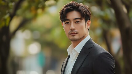 A dapper man in a suit poses confidently outdoors with a blur of nature behind him. Captivating and stylish portrait for fashion or lifestyle.