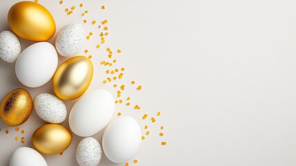 Elegant golden and white easter eggs displayed on a soft surface for festive spring decor