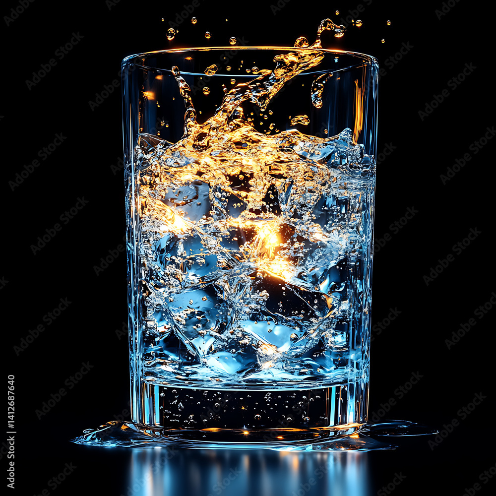 Poster elegant crystal glass filled with luminous water, showcasing splashes and reflections, creating capt