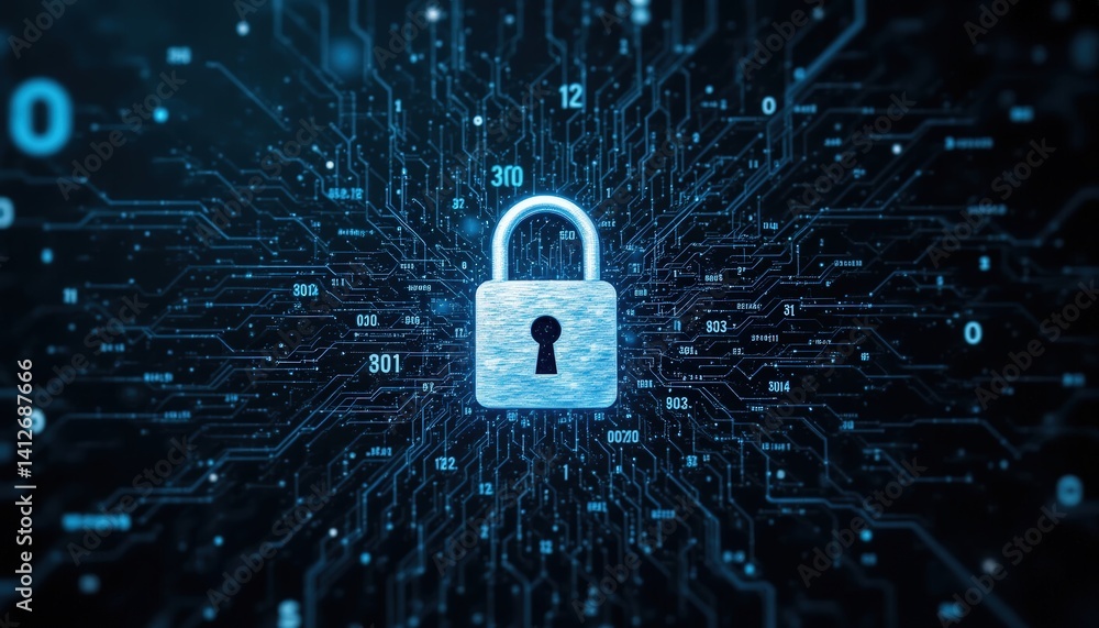 Poster high tech digital security lock icon on futuristic cyber network background illustrating data protec