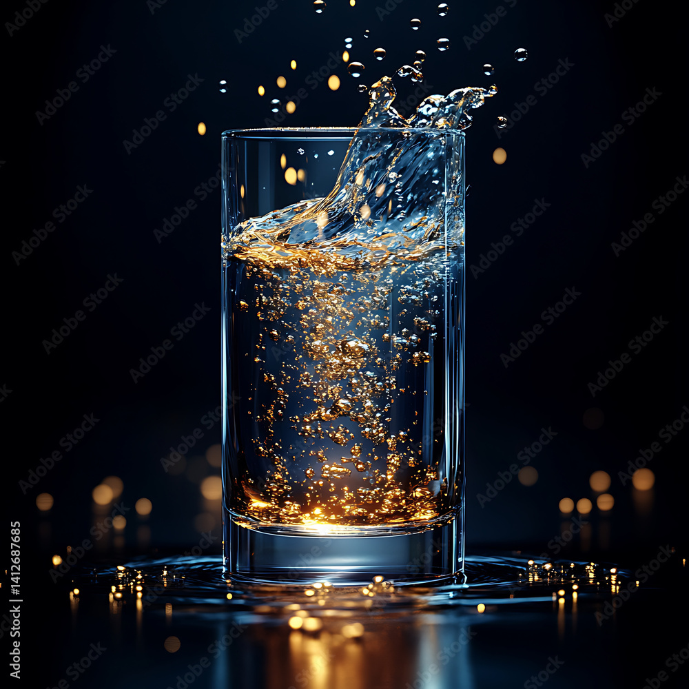 Poster glass filled with sparkling water, creating mesmerizing splash and bubbles, illuminated by soft ligh