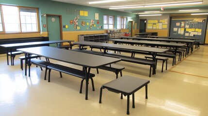 Elementary School Cafeteria Tables and Benches Arrangement