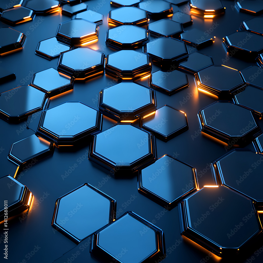Poster elegant hexagonal mirror tiles arranged in captivating pattern, reflecting light beautifully. interp