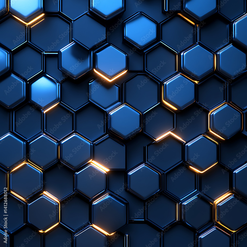Poster stunning arrangement of hexagonal tiles in sleek blue color, featuring glossy finish and illuminated