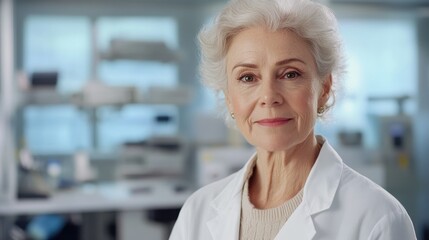 Fototapeta premium A senior female doctor stands confidently in a modern laboratory, showcasing her expertise and dedication to healthcare. The warm atmosphere highlights her professionalism and caring nature.