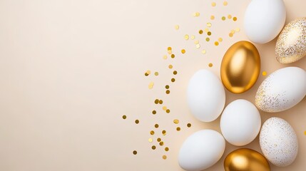 Elegant golden and white easter eggs displayed on soft background with sparkling accents