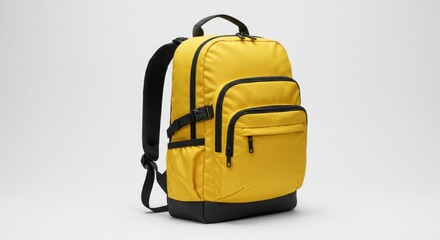 Yellow backpack with pockets on white background