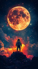 Obraz premium An astronaut stands on a rocky terrain, gazing up at a large, luminous moon against a backdrop of stars and cosmic clouds, evoking wonder and adventure.