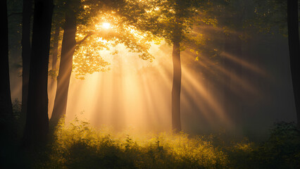 Sunlight breaking through morning fog in deep forest, creating rays and silhouettes