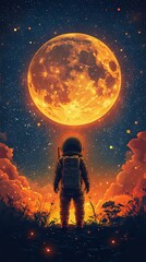 Fototapeta premium A stunning illustration of an astronaut gazing at a luminous moon against a starry sky, creating a magical and awe-inspiring scene. Perfect for space lovers.