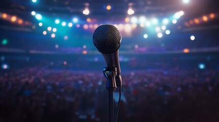 A close-up of a microphone in front of an audience, illuminated by stage lights, evoking concert vibes and excitement.