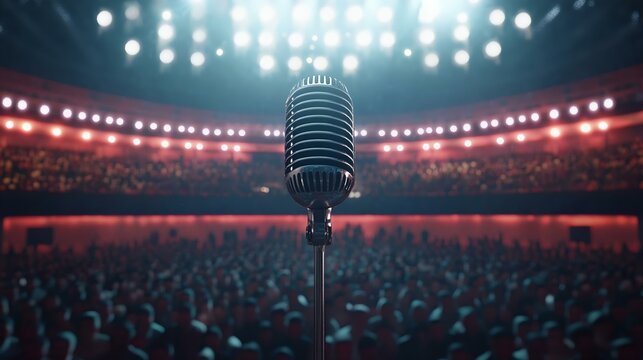 A vintage microphone stands alone on stage with bright lights and a large audience in the background, creating an atmosphere of performance and anticipation.