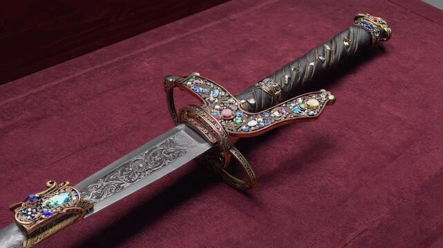Elaborate jeweled ceremonial dagger with ornate silver filigree on a rich burgundy velvet surface, showcasing detailed craftsmanship